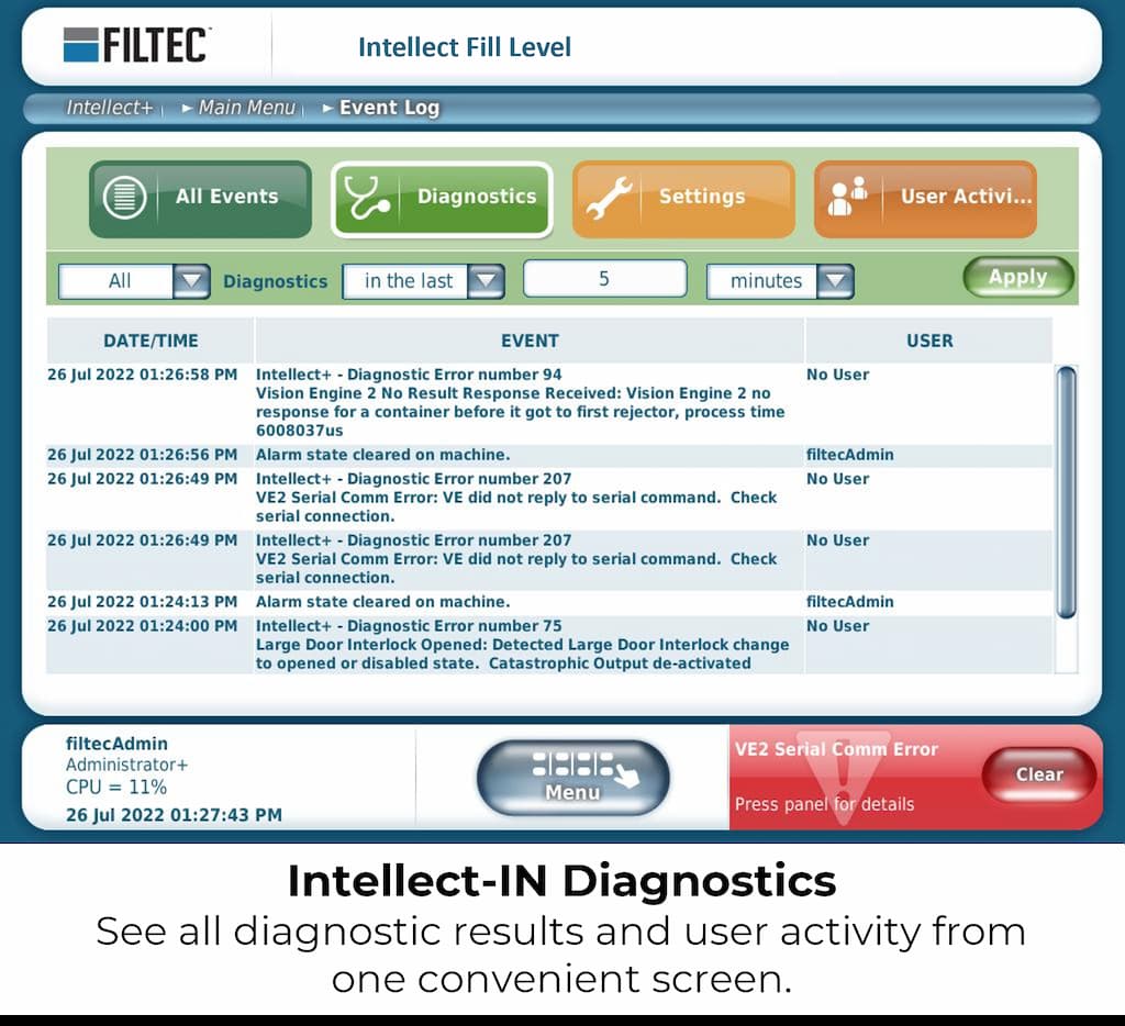 Filtec Intellect-IN Fill Level Inspection - Event Log