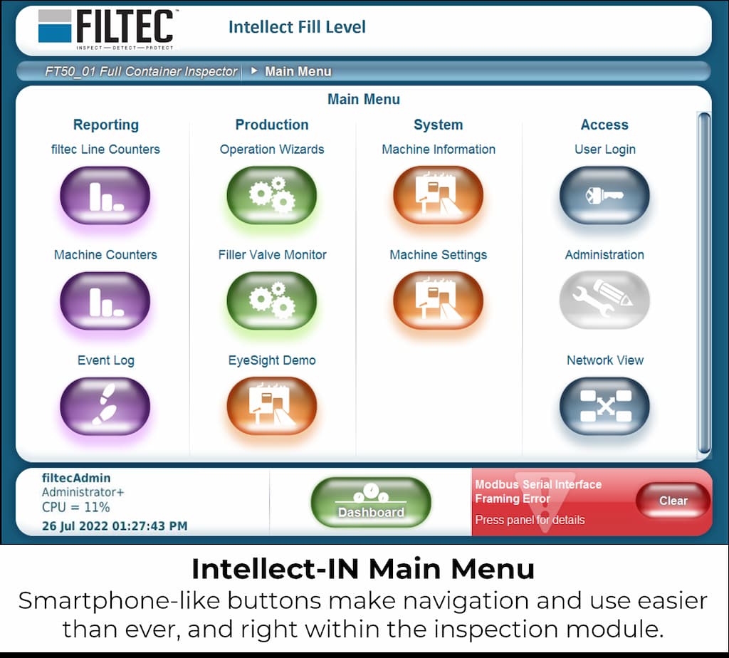 Filtec Intellect-IN Fill Level Inspection - Main Menu