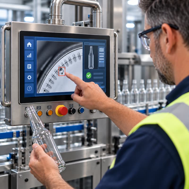 A floor manager at a bottling plant inspects the glass bottle line and Omni Linear system.